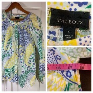 Talbots Shirt Women Small Paisley Smocking Yellow Peasant‎ Button Crochet Boho